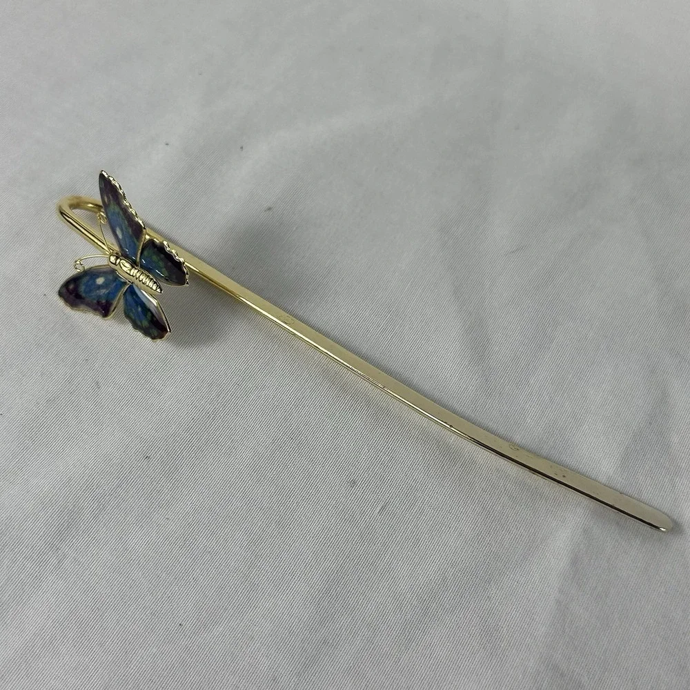 Vintage Solid Brass‎ Butterfly Bookmark Blue Enamel Book Mark w/ Box